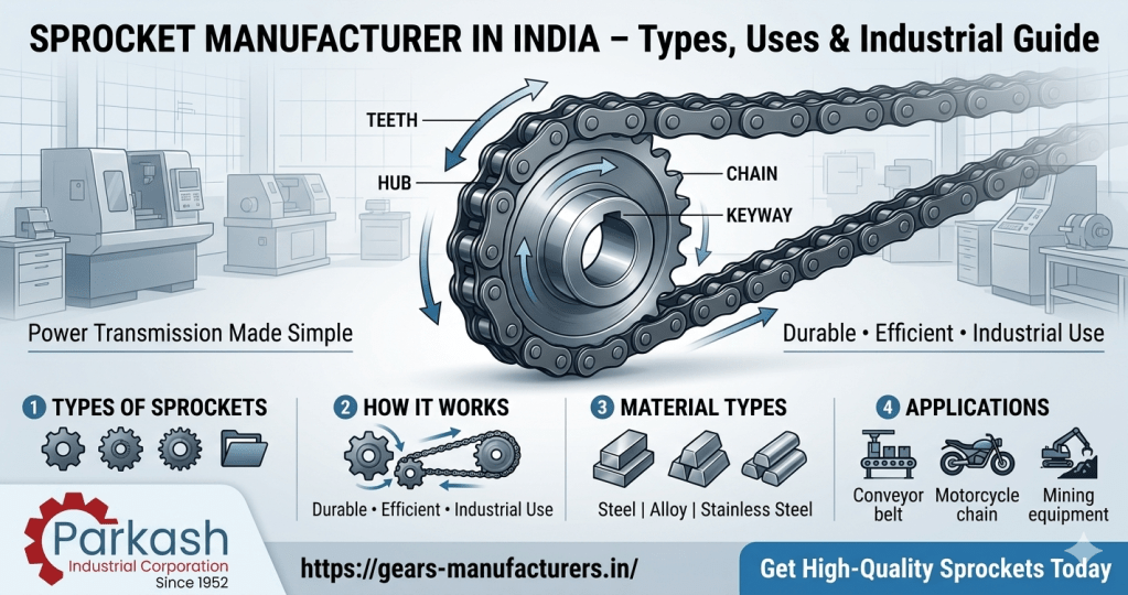 A professional industrial infographic titled "Sprocket Manufacturer in India." It features a detailed technical illustration of a metal sprocket engaged with a chain, labeled with parts like teeth, hub, and keyway. Below the illustration, four sections explain types of sprockets, how they work, material types (Steel, Alloy, Stainless Steel), and applications in conveyor belts, motorcycles, and mining equipment. The Parkash Industrial Corporation logo and website are displayed at the bottom.