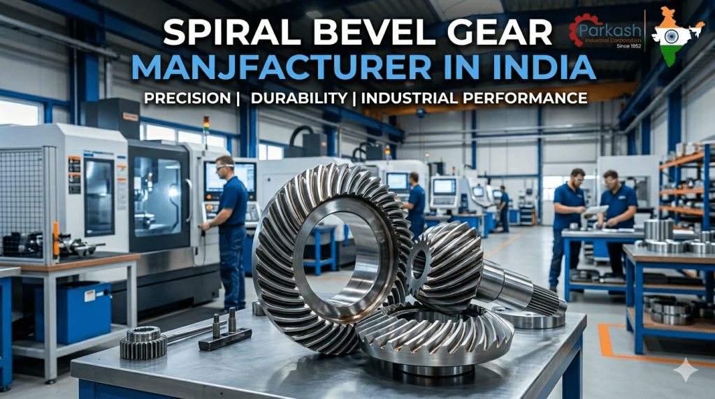 Spiral bevel gear manufacturer in India showing precision industrial gears and CNC machining process